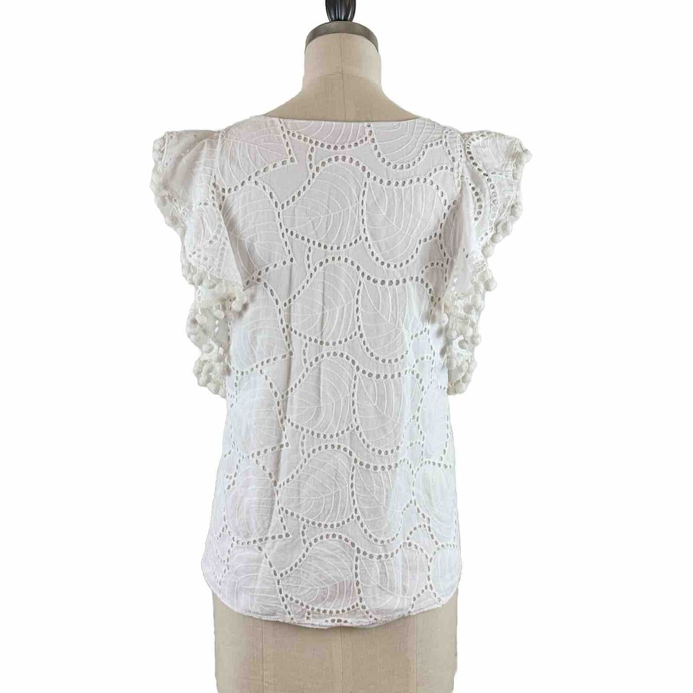 Lilly Pulitzer Blouse Astara Palm Tree Eyelet Ruffle Pom Pom Top White XS Preppy - Picture 3 of 10
